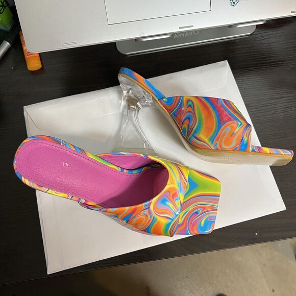 Rainbow Swirl Heels Shoes Womens Size 8.5 EU 39 Lucite Mule Square Toe Sandals - Picture 10 of 10
